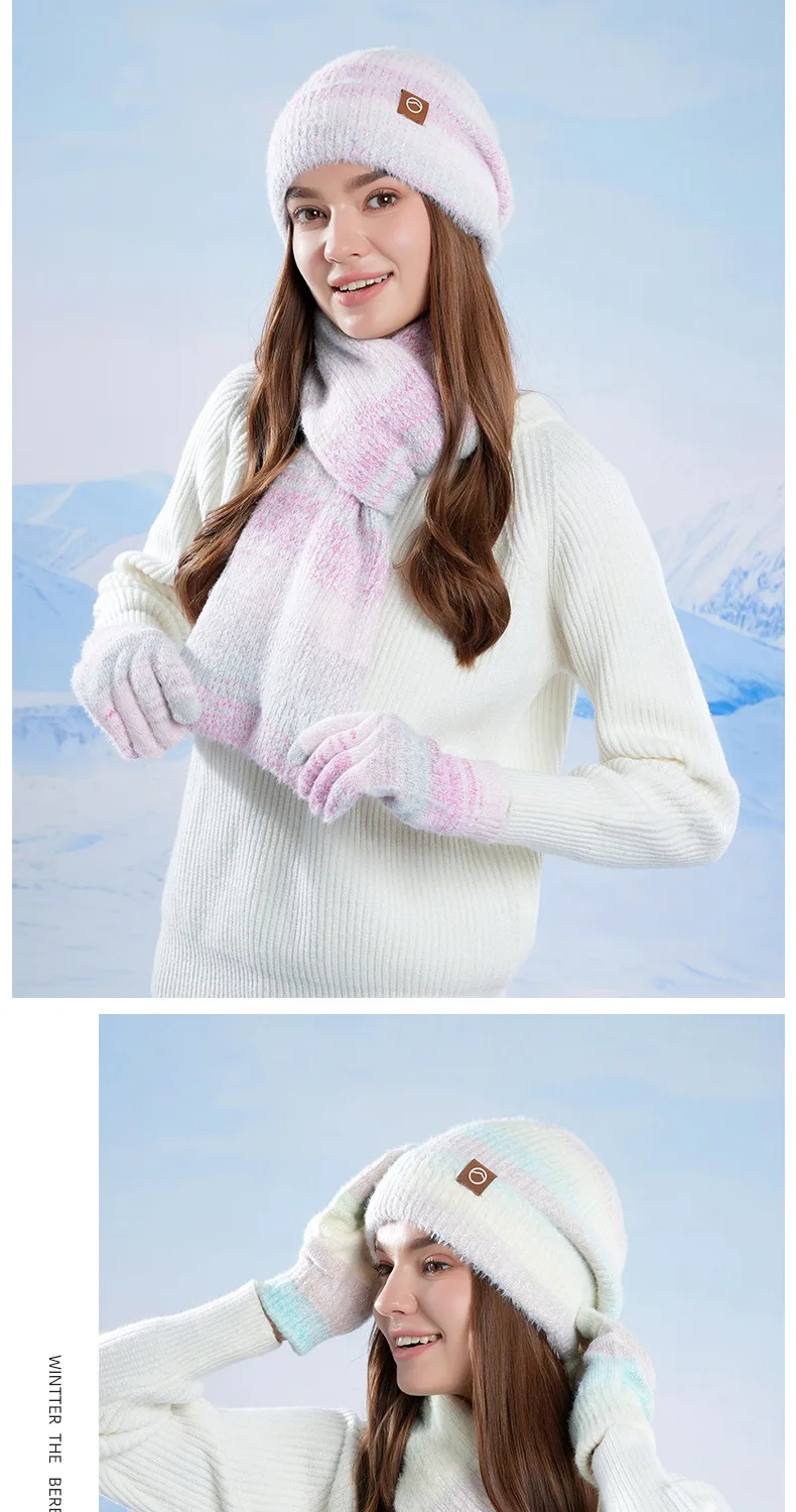 Winter Cap Gloves Scarf Set Women GradientColor Knitted Hat Thickened Fleece Lining Skullcap Outdoor Cycling Windproof Beanies