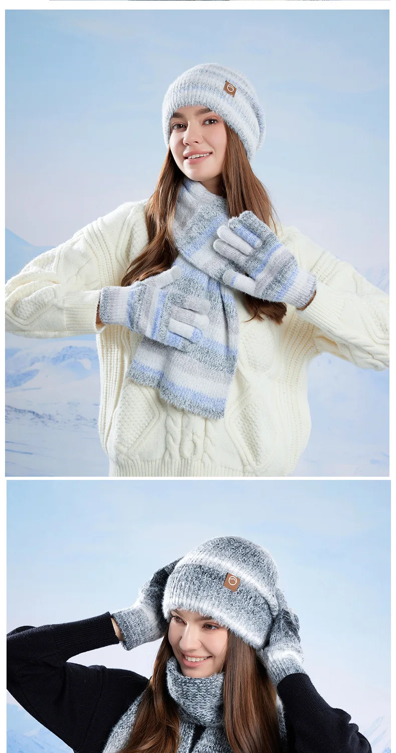 Winter Cap Gloves Scarf Set Women GradientColor Knitted Hat Thickened Fleece Lining Skullcap Outdoor Cycling Windproof Beanies