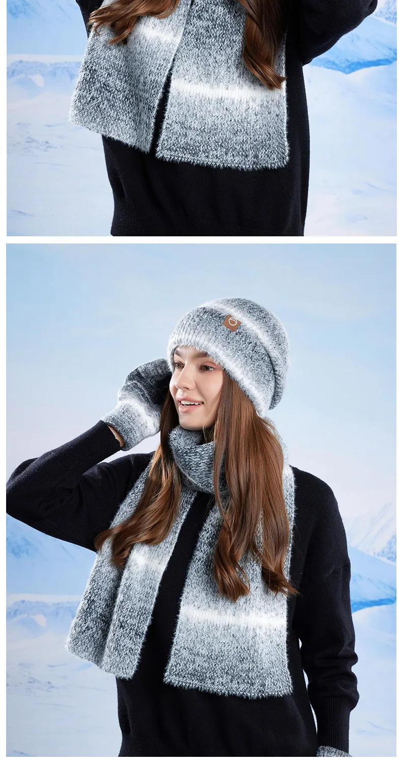 Winter Cap Gloves Scarf Set Women GradientColor Knitted Hat Thickened Fleece Lining Skullcap Outdoor Cycling Windproof Beanies