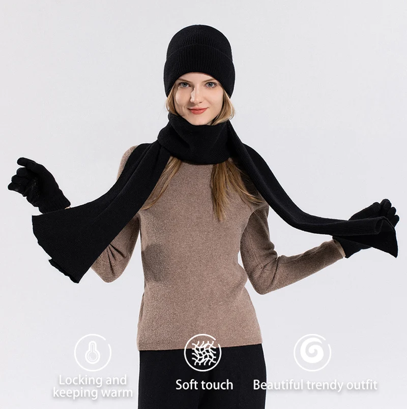 Xinbaoguan 100% Acrylic 8396 Winter Hat, Gloves, Scarf, Warm Set, Men's and Women's Outdoor Ear Protection, Knitted Wool Hat
