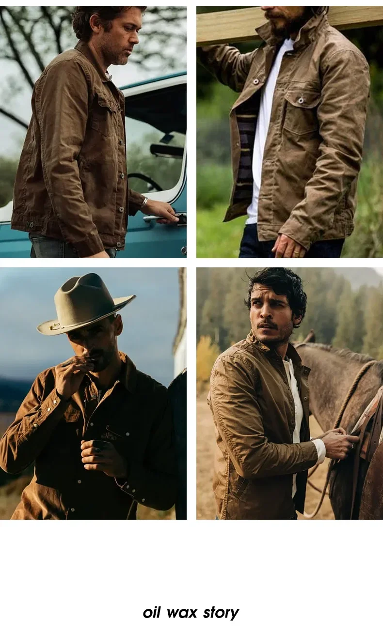 Maden Amekaji Retro Male Oil Waxed Jacket Canvas Cotton Khaki Military Uniform Light Casual Work Safari Style Coats Man Clothing