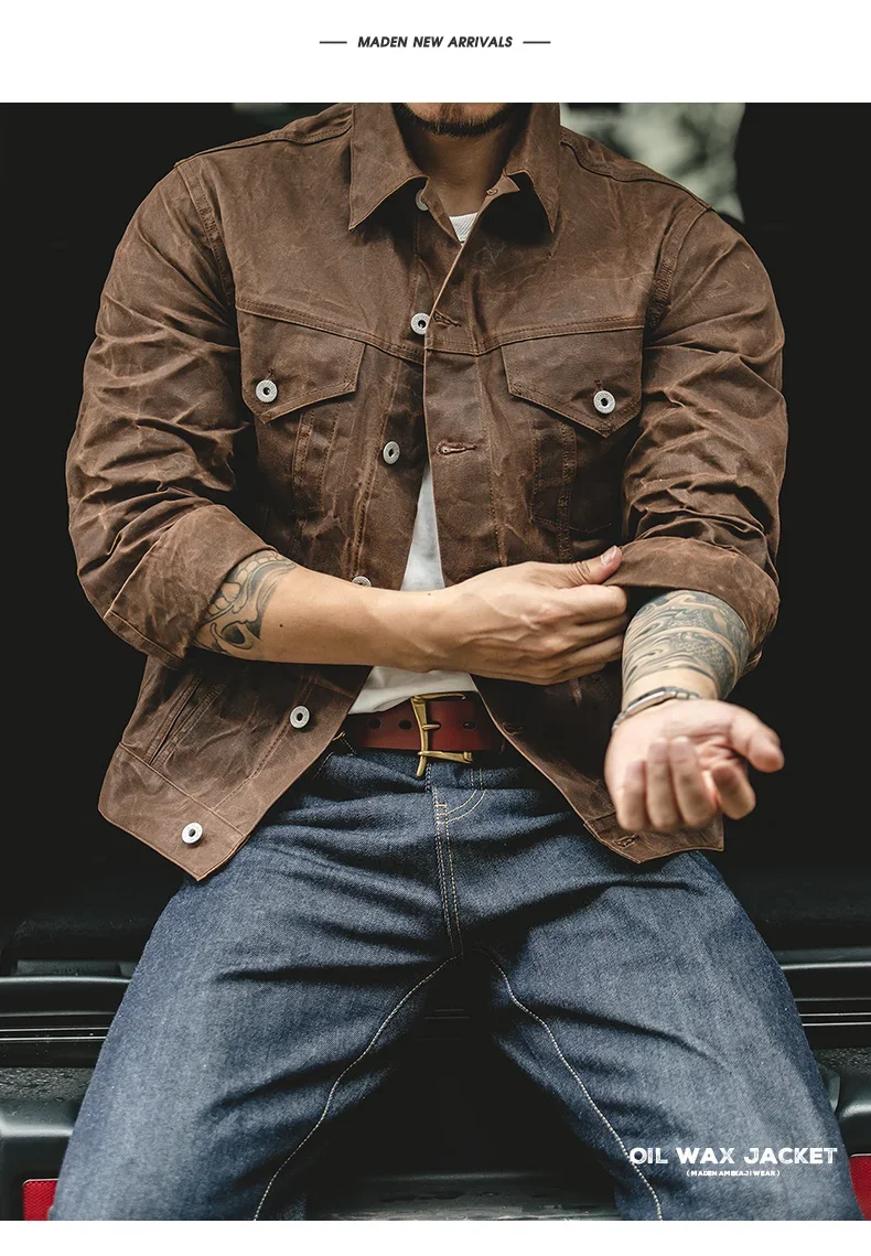Maden Amekaji Retro Male Oil Waxed Jacket Canvas Cotton Khaki Military Uniform Light Casual Work Safari Style Coats Man Clothing