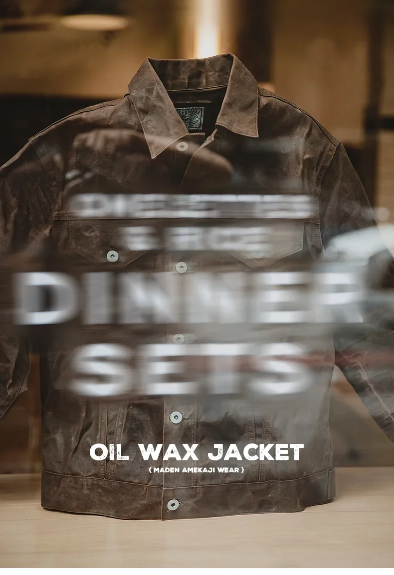 Maden Amekaji Retro Male Oil Waxed Jacket Canvas Cotton Khaki Military Uniform Light Casual Work Safari Style Coats Man Clothing