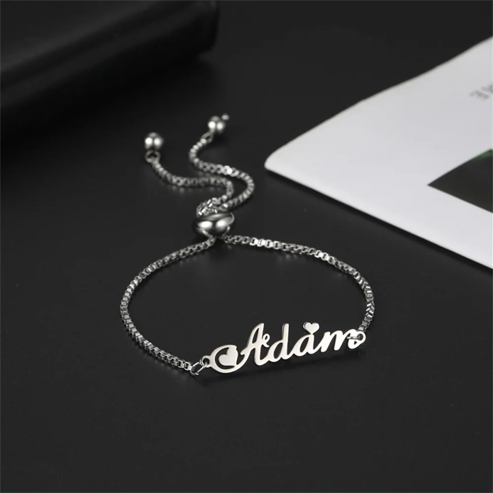 Custom Name Bracelets Hebrew Customized Personalized Name Stainless Steel Jewelry Box Chain Valentine's Day Gifts for Couple