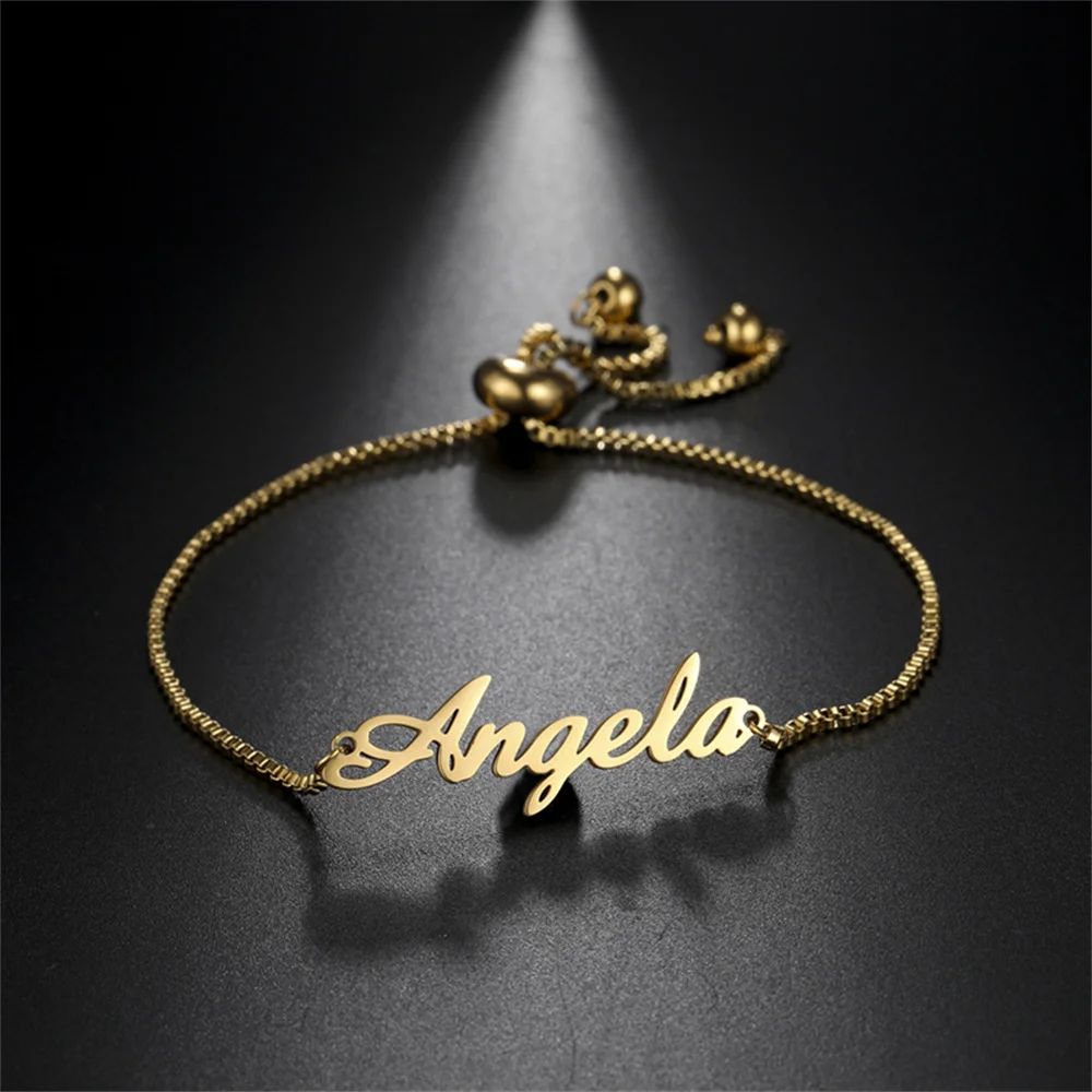 Custom Name Bracelets Hebrew Customized Personalized Name Stainless Steel Jewelry Box Chain Valentine's Day Gifts for Couple