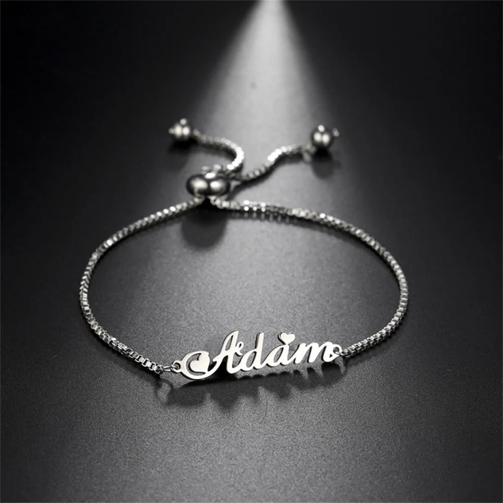 Custom Name Bracelets Hebrew Customized Personalized Name Stainless Steel Jewelry Box Chain Valentine's Day Gifts for Couple