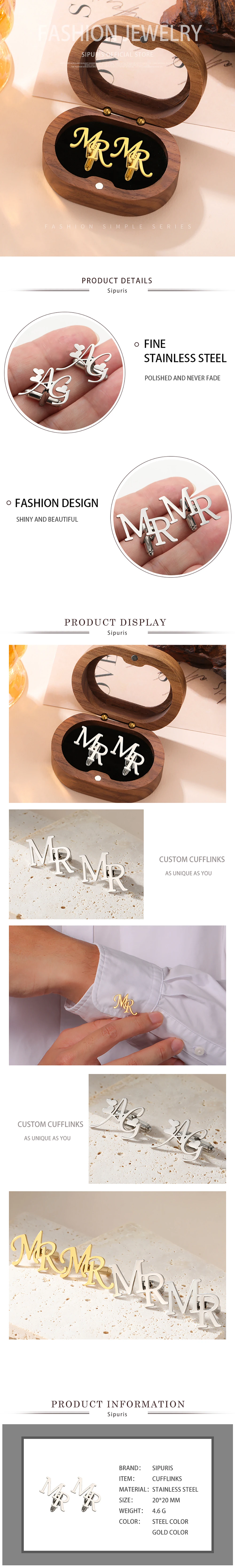 Sipuris Custom Initials Cufflinks Stainless Steel Women Men Groom Shirt Initials Luxury Personalized Jewelry Weddings Gift