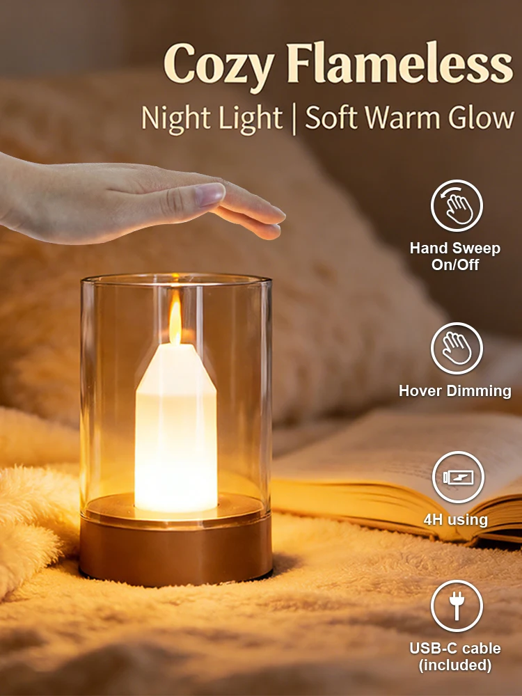 LED Night Light Rechargeable Flameless Candle Motion Sensor Dimmable USB Charging Soft Warm Bedroom Portable Table Bedside Lamp