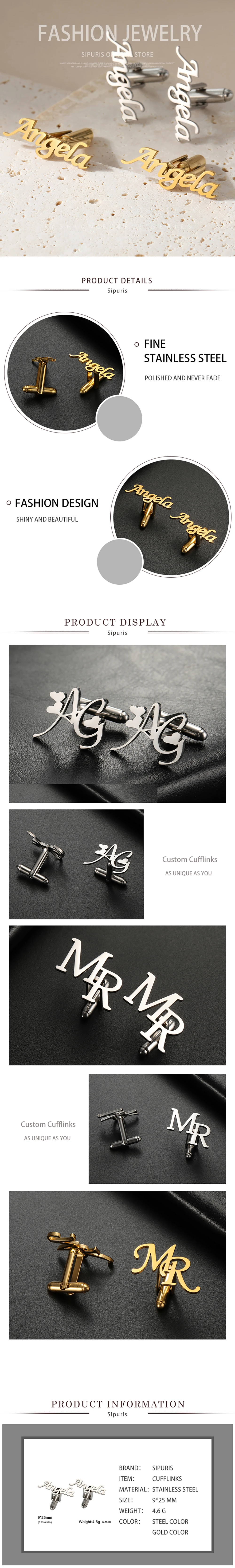 Sipuris Custom Name Cufflinks Stainless Steel Women Men Groom Shirt Initials Cufflink Luxury Personalized Jewelry Weddings Gifts