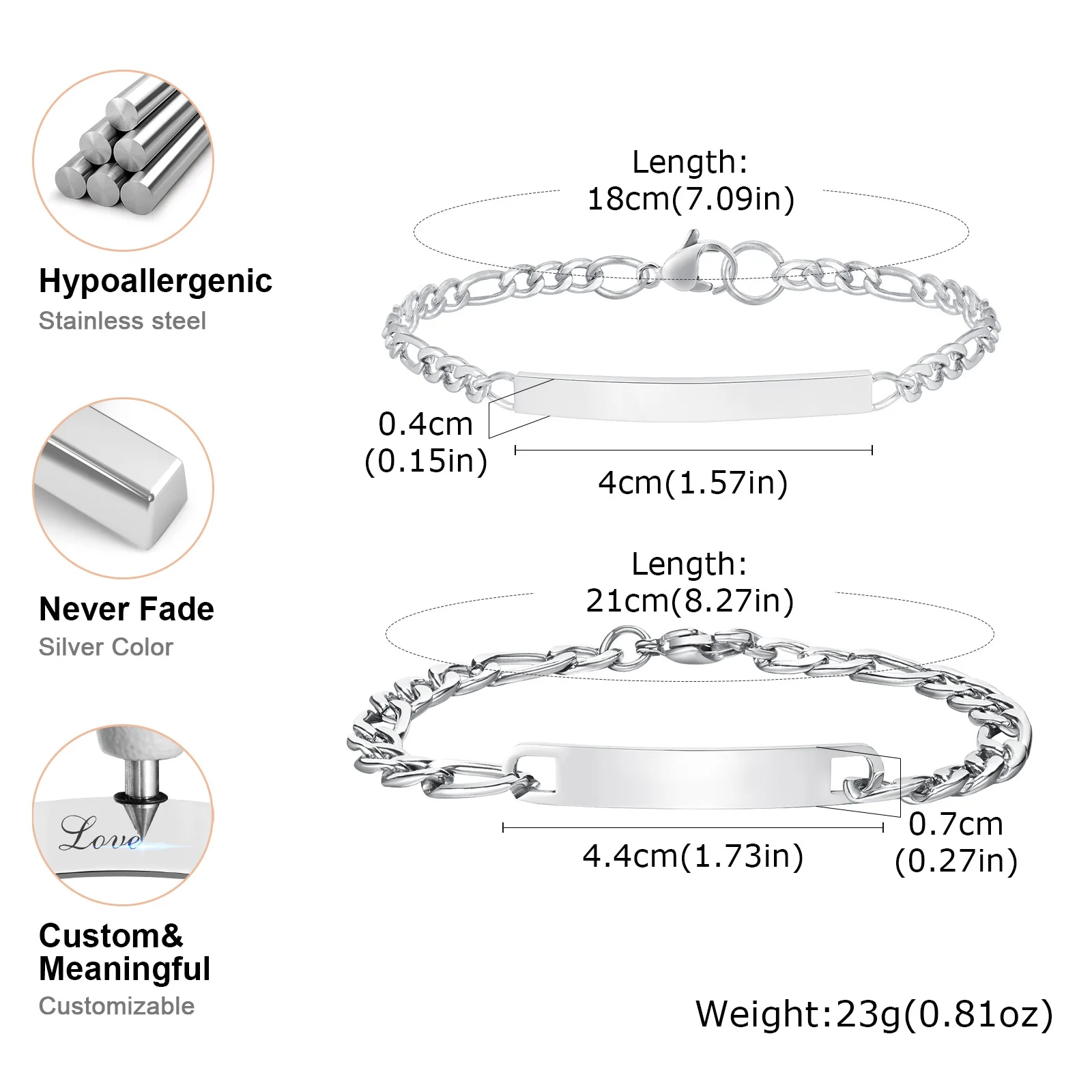 Vnox Free Engrave Love Words Bracelets Gifts for Couples, Stainless Steel Figaro Chain Bracelets,Valentines Day Gift for Him Her