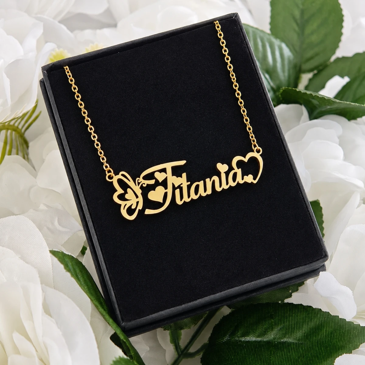 Customized Butterfly Heart Letter Necklace Stainless Steel Name Pendant Gift Box Packaging Birthday Daily Gift For Ladies
