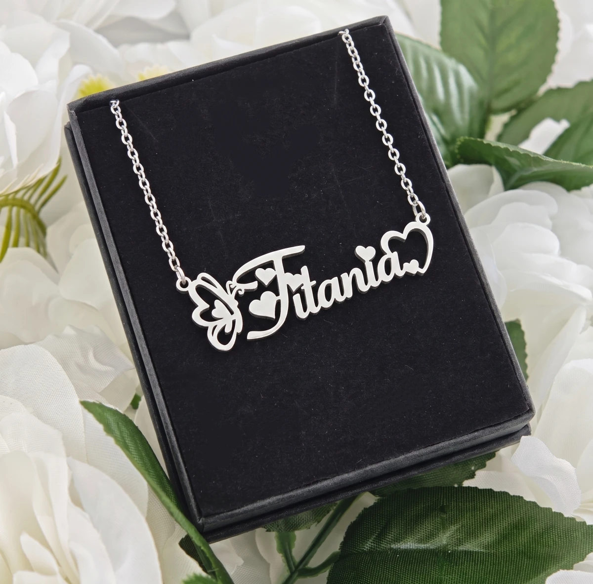 Customized Butterfly Heart Letter Necklace Stainless Steel Name Pendant Gift Box Packaging Birthday Daily Gift For Ladies