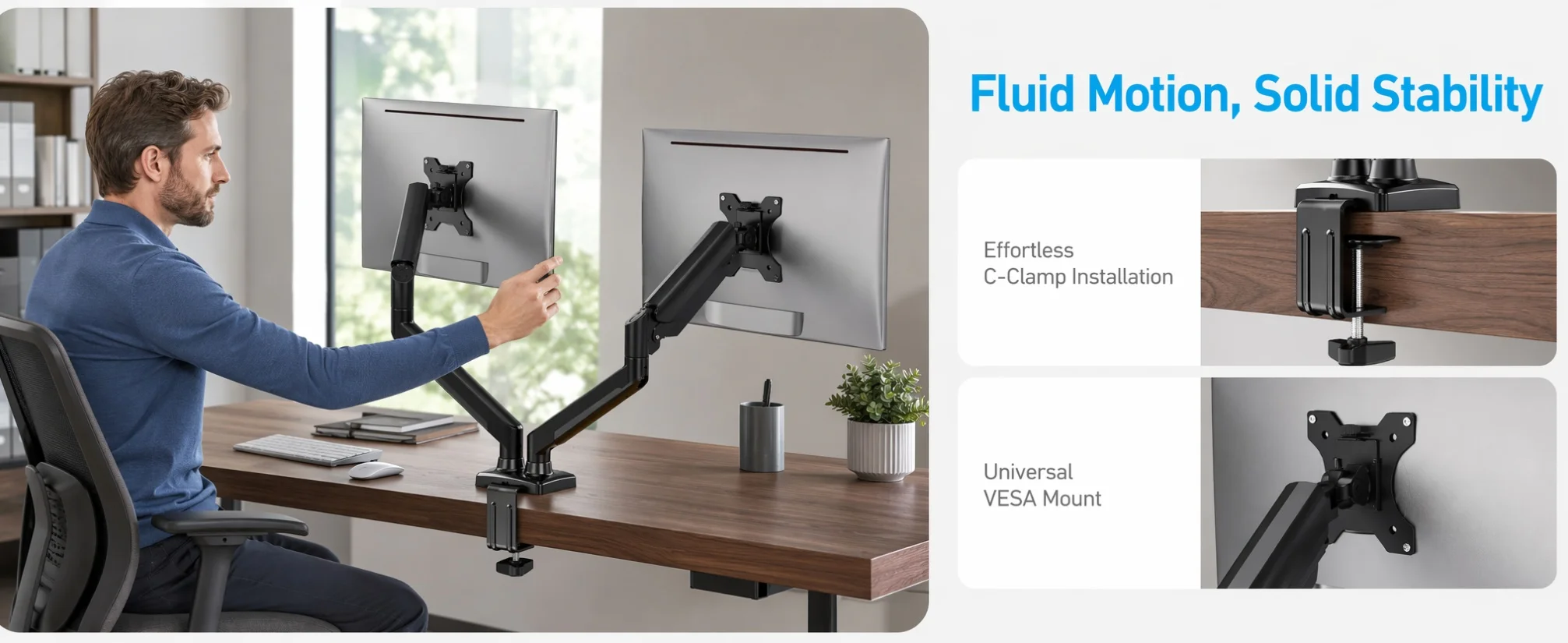Dual Monitor Stand up to 33 Inches Screen, Load-Bearing Max 22 lbs Each Arm, Adjustable Dual Monitor Mount, Sturdy Steel VESA Monitor Mount with Stable VESA 75x75 100x100mm