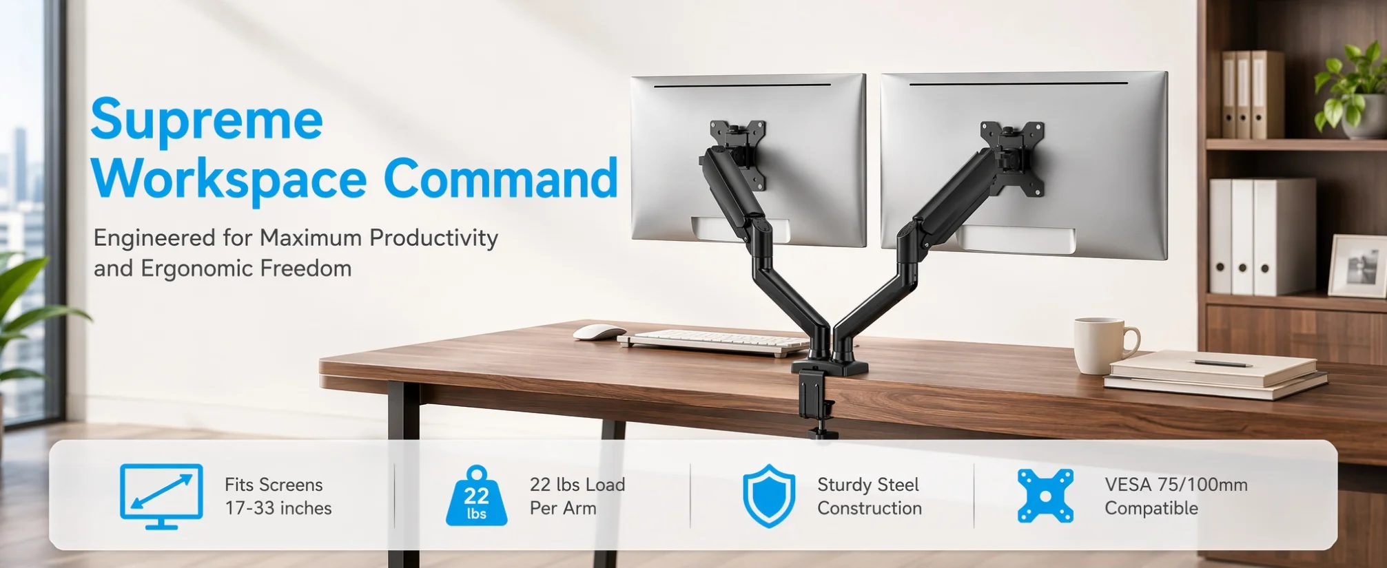 Dual Monitor Stand up to 33 Inches Screen, Load-Bearing Max 22 lbs Each Arm, Adjustable Dual Monitor Mount, Sturdy Steel VESA Monitor Mount with Stable VESA 75x75 100x100mm