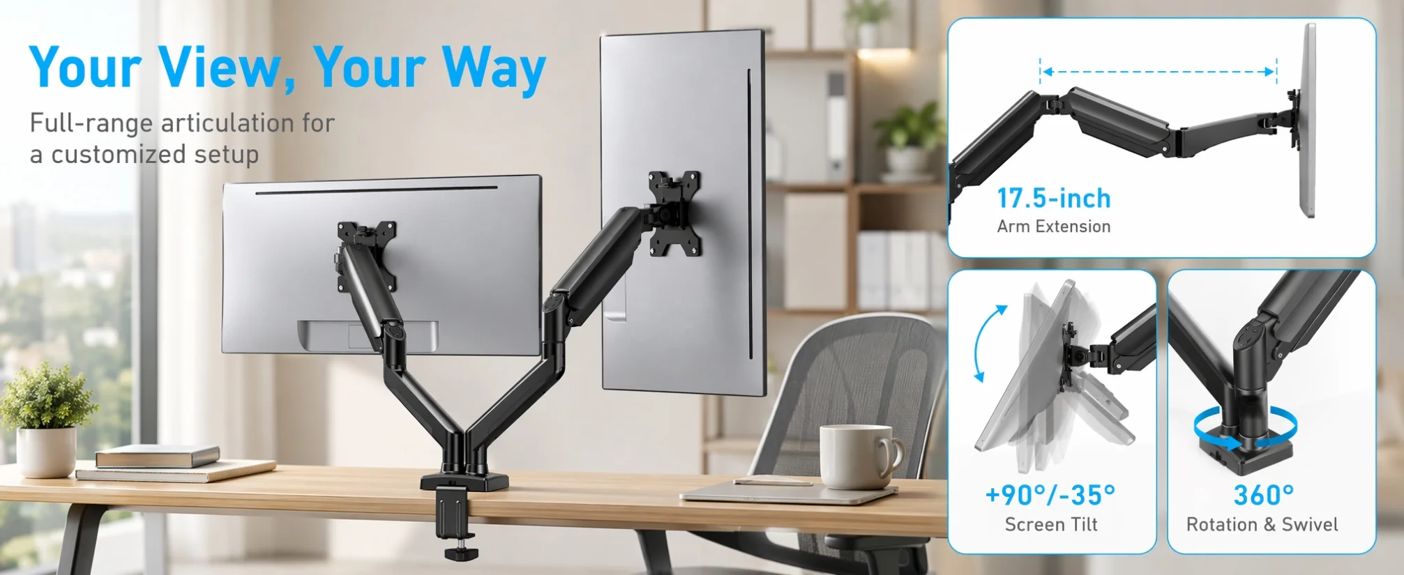 Dual Monitor Stand up to 33 Inches Screen, Load-Bearing Max 22 lbs Each Arm, Adjustable Dual Monitor Mount, Sturdy Steel VESA Monitor Mount with Stable VESA 75x75 100x100mm