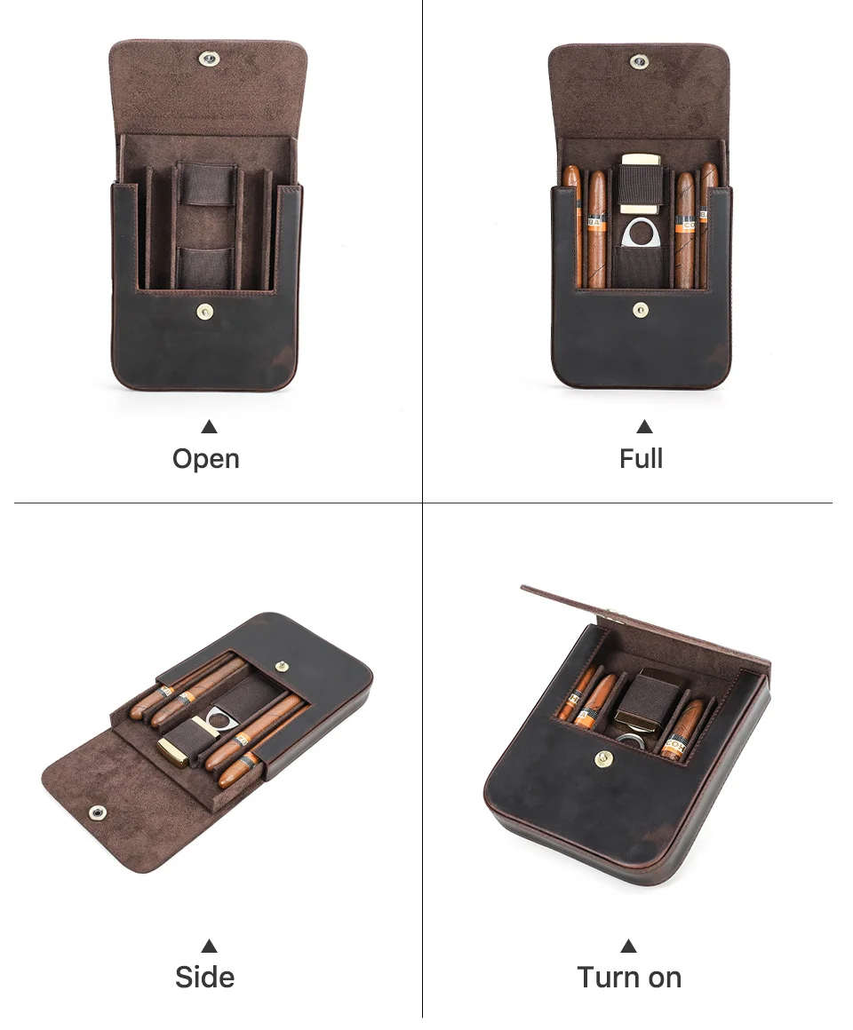 CONTACT'S FAMILY Genuine Leather Cigar Humidor Box Travel Cigar Case for 4 Cigars Lighter Cutter Storage Smoking Accessories