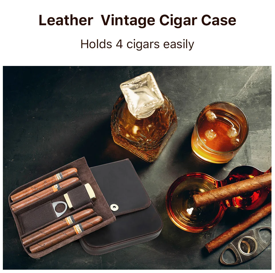 CONTACT'S FAMILY Genuine Leather Cigar Humidor Box Travel Cigar Case for 4 Cigars Lighter Cutter Storage Smoking Accessories