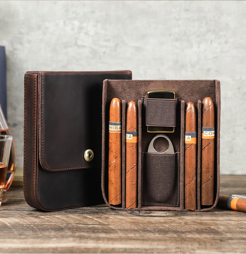 CONTACT'S FAMILY Genuine Leather Cigar Humidor Box Travel Cigar Case for 4 Cigars Lighter Cutter Storage Smoking Accessories