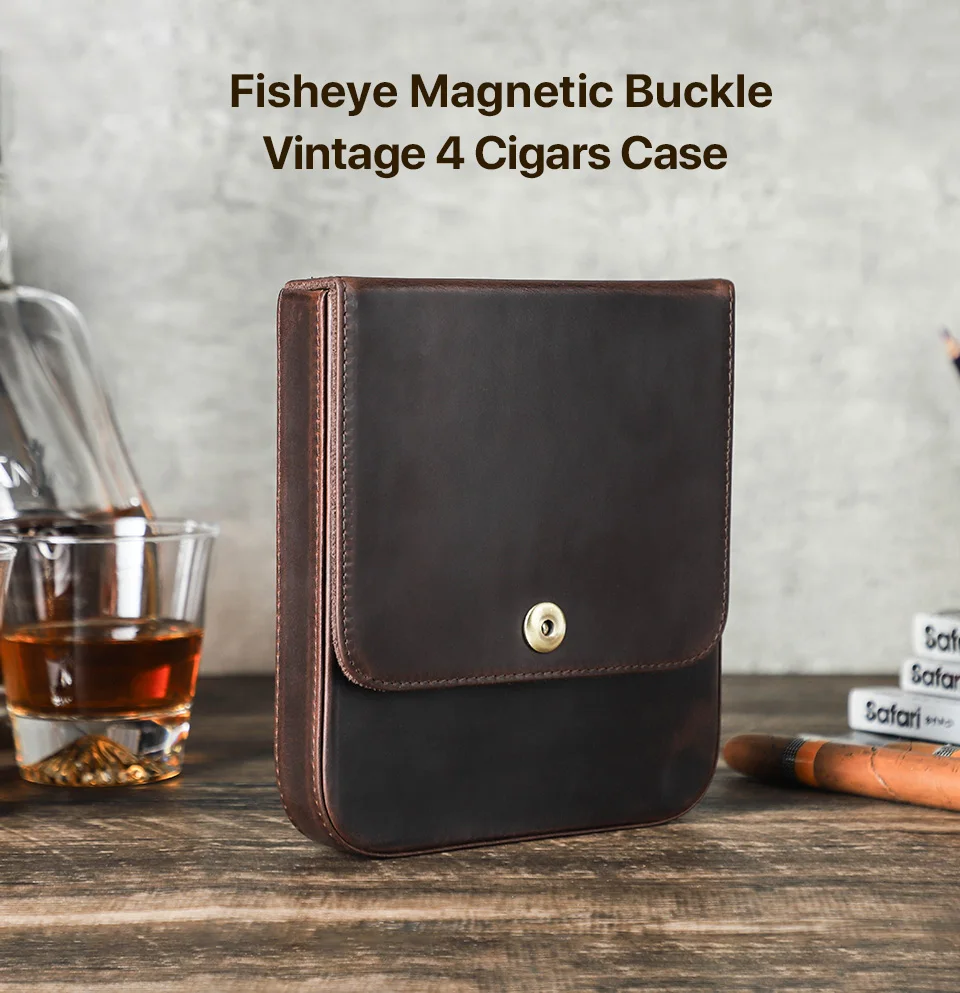 CONTACT'S FAMILY Genuine Leather Cigar Humidor Box Travel Cigar Case for 4 Cigars Lighter Cutter Storage Smoking Accessories