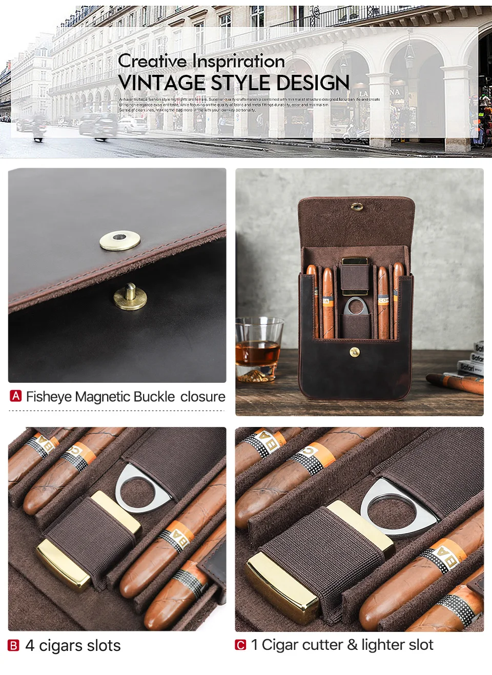 CONTACT'S FAMILY Genuine Leather Cigar Humidor Box Travel Cigar Case for 4 Cigars Lighter Cutter Storage Smoking Accessories