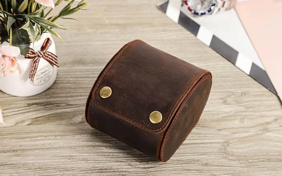CONTACT'S FAMILY Vintage Genuine Leather Watch Case Box Men Watches Travel Wristwatch Roll Case Holder High Quality Gift for Men