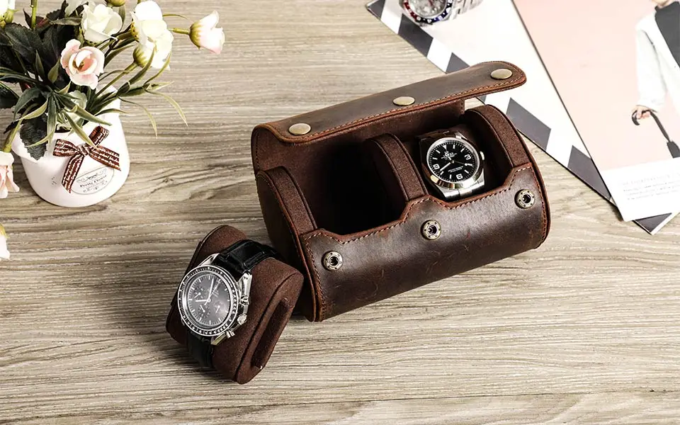 CONTACT'S FAMILY Vintage Genuine Leather Watch Case Box Men Watches Travel Wristwatch Roll Case Holder High Quality Gift for Men