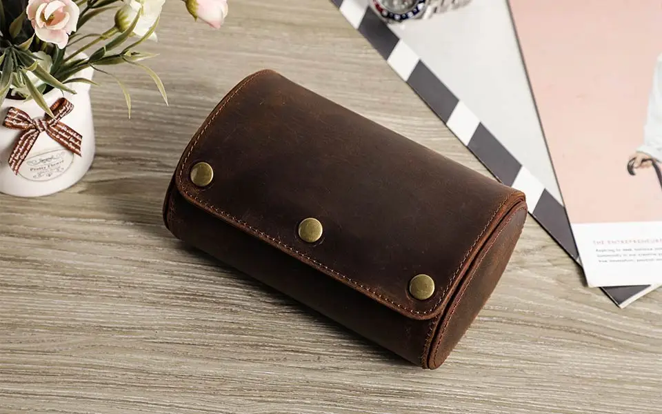 CONTACT'S FAMILY Vintage Genuine Leather Watch Case Box Men Watches Travel Wristwatch Roll Case Holder High Quality Gift for Men