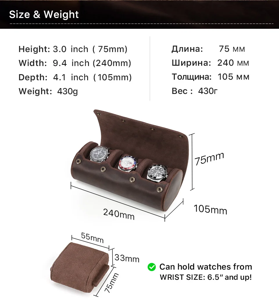 CONTACT'S FAMILY Vintage Genuine Leather Watch Case Box Men Watches Travel Wristwatch Roll Case Holder High Quality Gift for Men