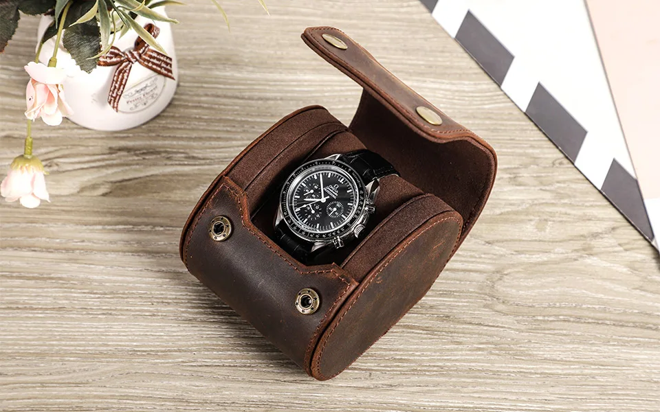 CONTACT'S FAMILY Vintage Genuine Leather Watch Case Box Men Watches Travel Wristwatch Roll Case Holder High Quality Gift for Men