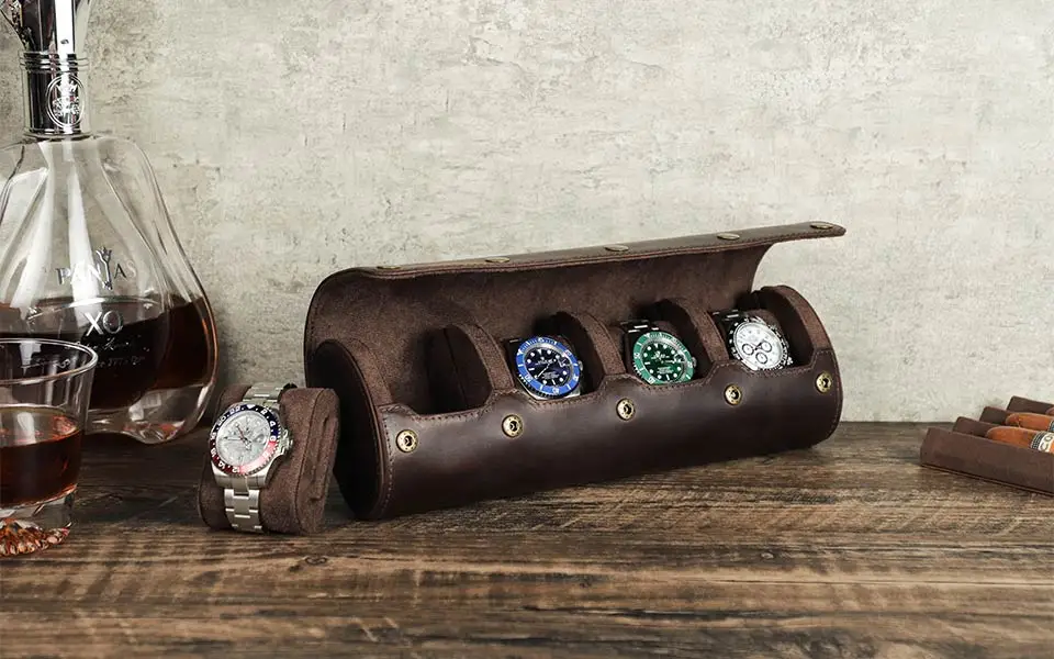 CONTACT'S FAMILY Vintage Genuine Leather Watch Case Box Men Watches Travel Wristwatch Roll Case Holder High Quality Gift for Men