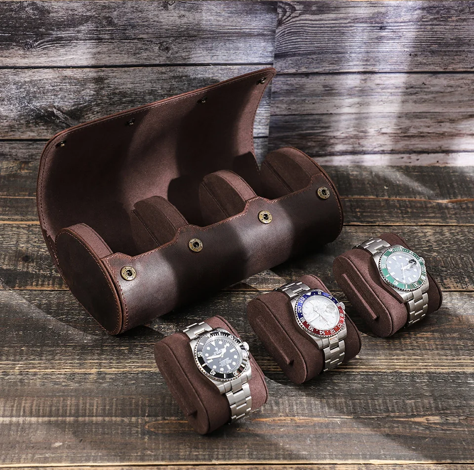 CONTACT'S FAMILY Vintage Genuine Leather Watch Case Box Men Watches Travel Wristwatch Roll Case Holder High Quality Gift for Men
