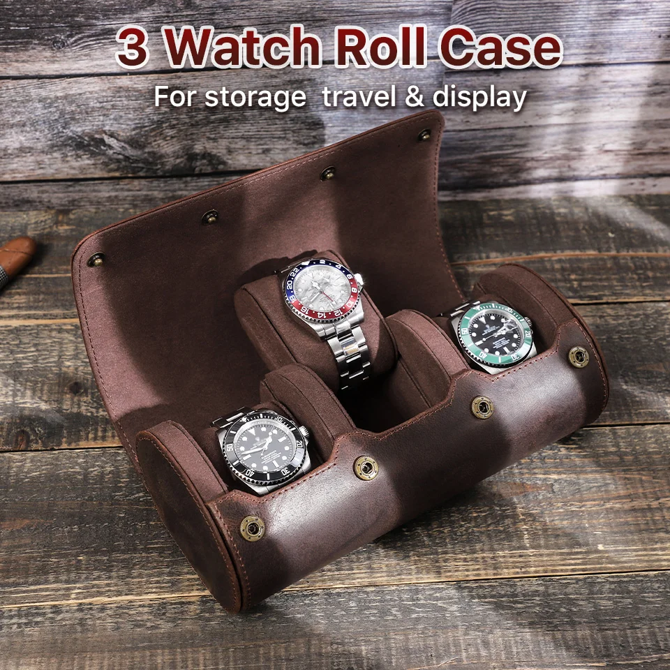 CONTACT'S FAMILY Vintage Genuine Leather Watch Case Box Men Watches Travel Wristwatch Roll Case Holder High Quality Gift for Men