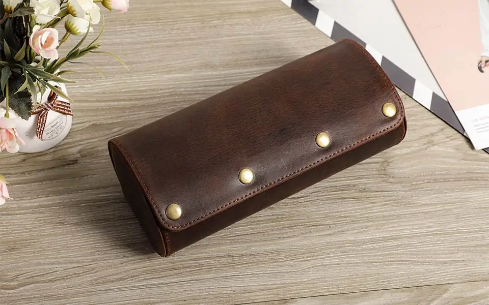 CONTACT'S FAMILY Vintage Genuine Leather Watch Case Box Men Watches Travel Wristwatch Roll Case Holder High Quality Gift for Men