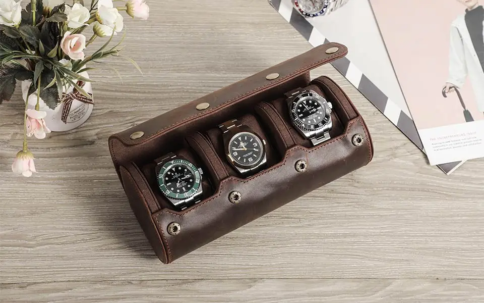 CONTACT'S FAMILY Vintage Genuine Leather Watch Case Box Men Watches Travel Wristwatch Roll Case Holder High Quality Gift for Men