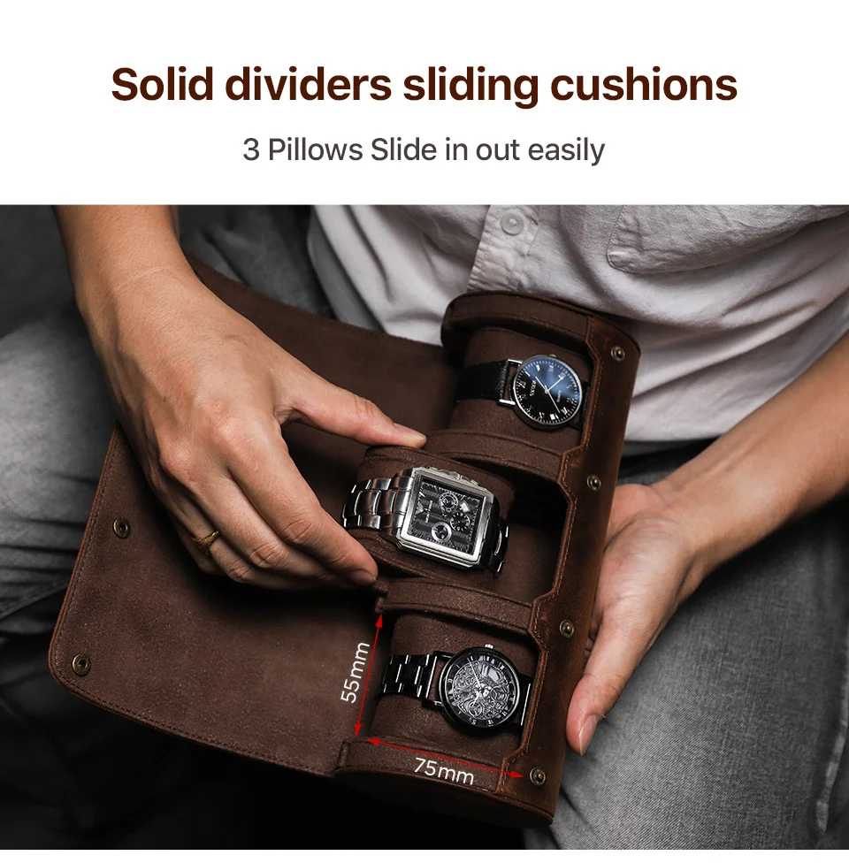 CONTACT'S FAMILY Vintage Genuine Leather Watch Case Box Men Watches Travel Wristwatch Roll Case Holder High Quality Gift for Men