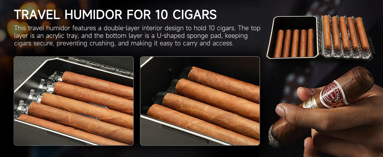 Portable Travel Humidor Box with 2 Cigar Cutters 1 Cigar Punch Hygrometer - Complete Cigar Accessories Set for On-the-Go Smoking