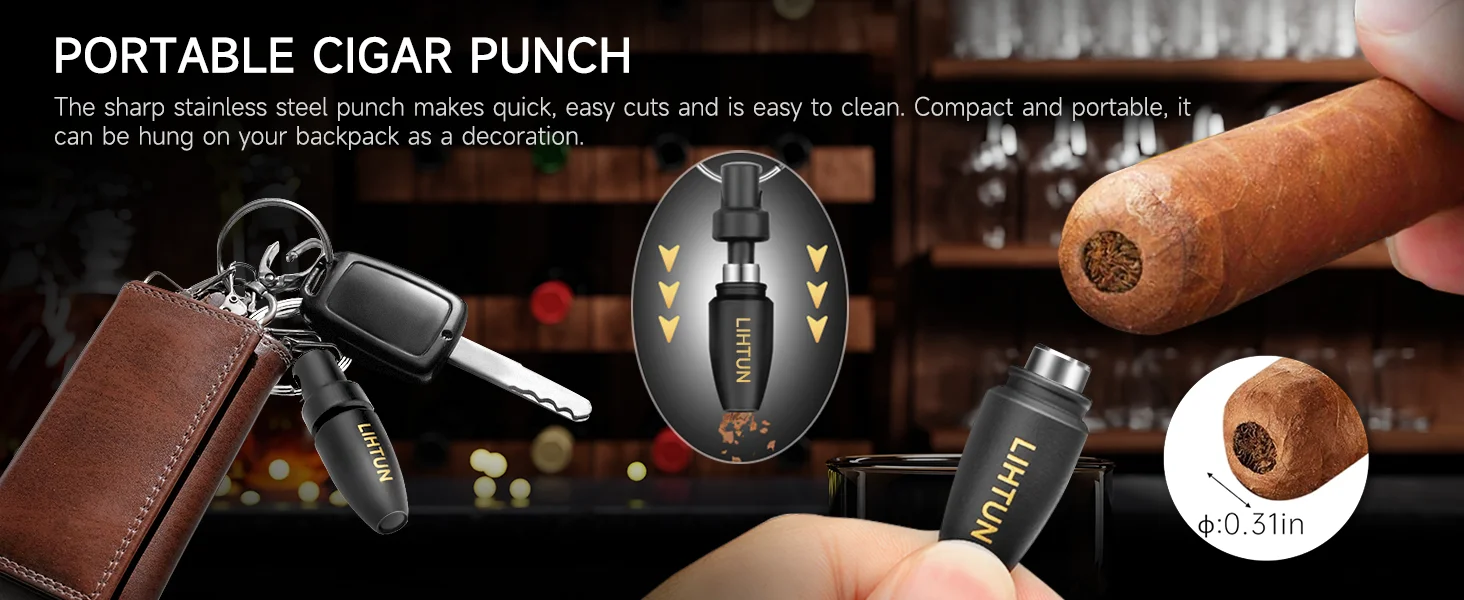 Portable Travel Humidor Box with 2 Cigar Cutters 1 Cigar Punch Hygrometer - Complete Cigar Accessories Set for On-the-Go Smoking