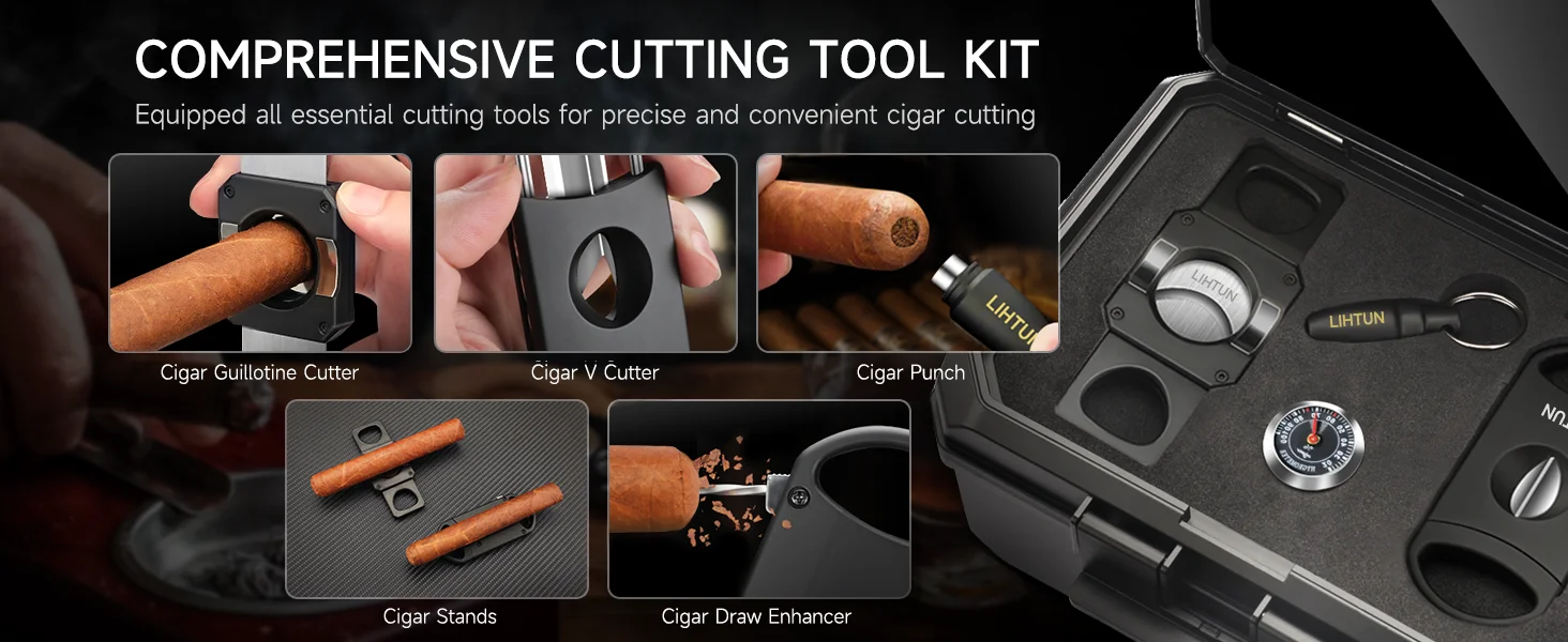 Portable Travel Humidor Box with 2 Cigar Cutters 1 Cigar Punch Hygrometer - Complete Cigar Accessories Set for On-the-Go Smoking