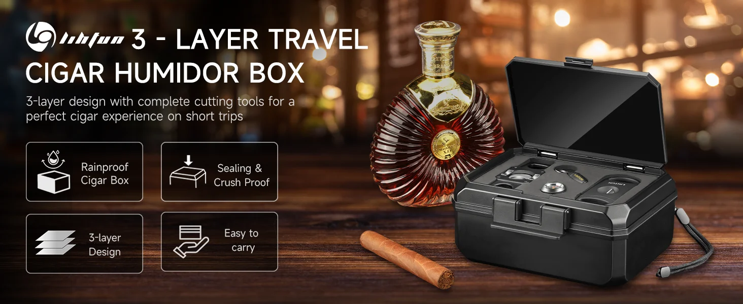 Portable Travel Humidor Box with 2 Cigar Cutters 1 Cigar Punch Hygrometer - Complete Cigar Accessories Set for On-the-Go Smoking