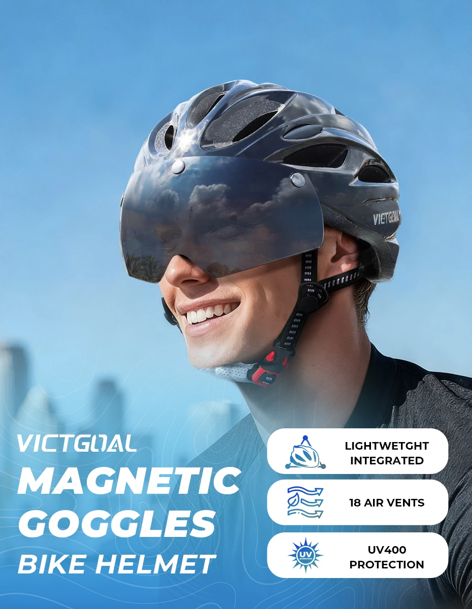 VICTGOAL Bicycle Helmet For Men Taillight Magnetic Goggles UV400 Lens Sun Visor Cycling Helmets MTB Electric Scooter Bike Safety