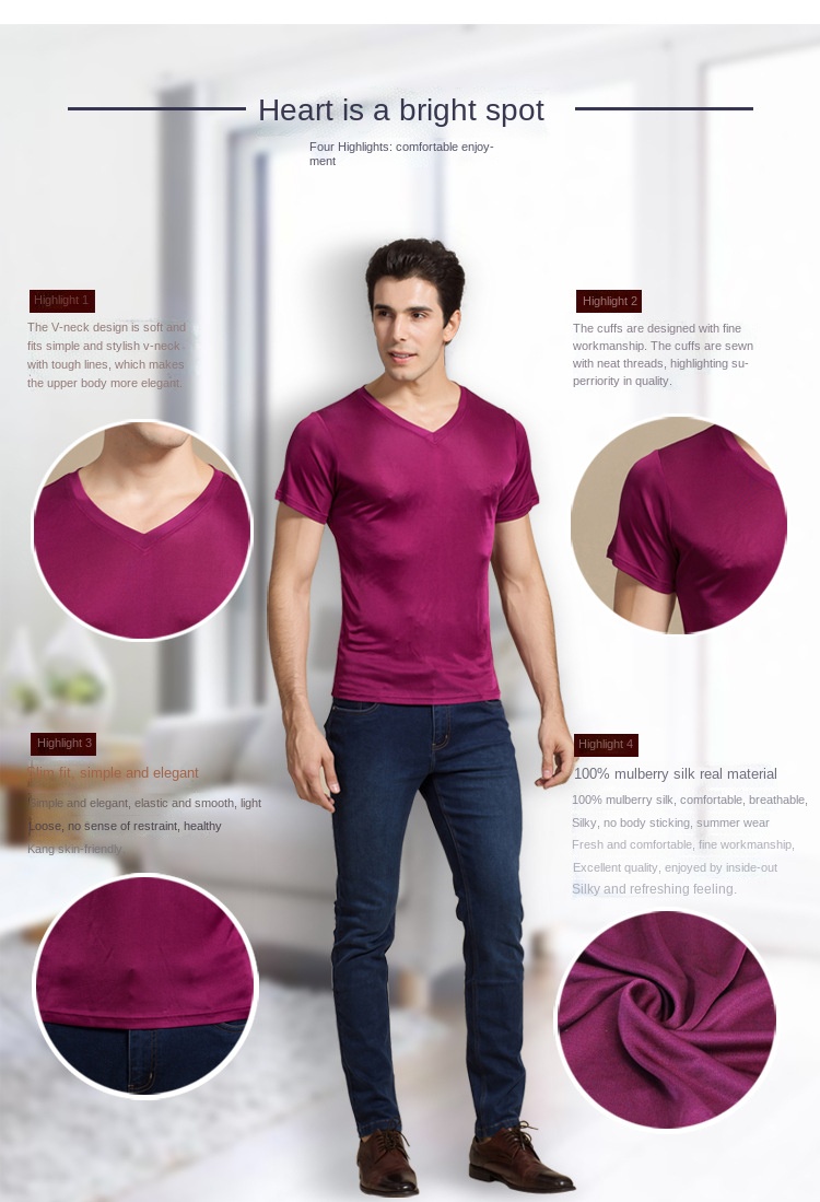 100% Natural Silk Knitted Men's T-shirt Double-faced Pure Silk Men T-shirt Men Silk Tops Men Clothing