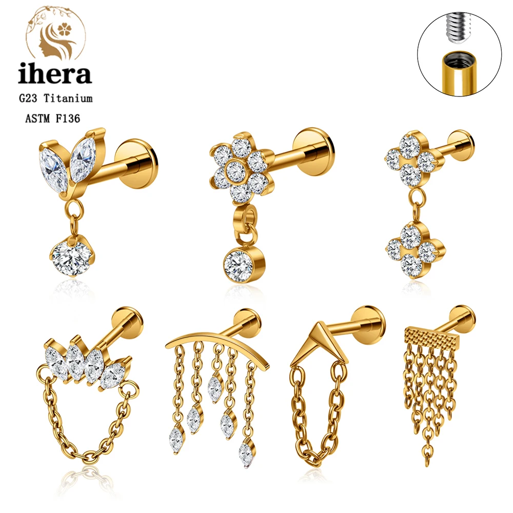 ASTM F136 Titanium Ear Cartilage Earrings Internal Thread 16G Hidden Helix Stud CZ Drape Chain Flat Back Tragus Piercing Jewelry