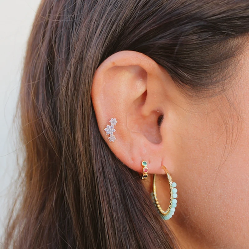 Minimalist CZ Cartilage Perforation 925 Sterling Silver Ear Needle Twist Round Earring Hoop Ear Buckle Gold Earrings For Women