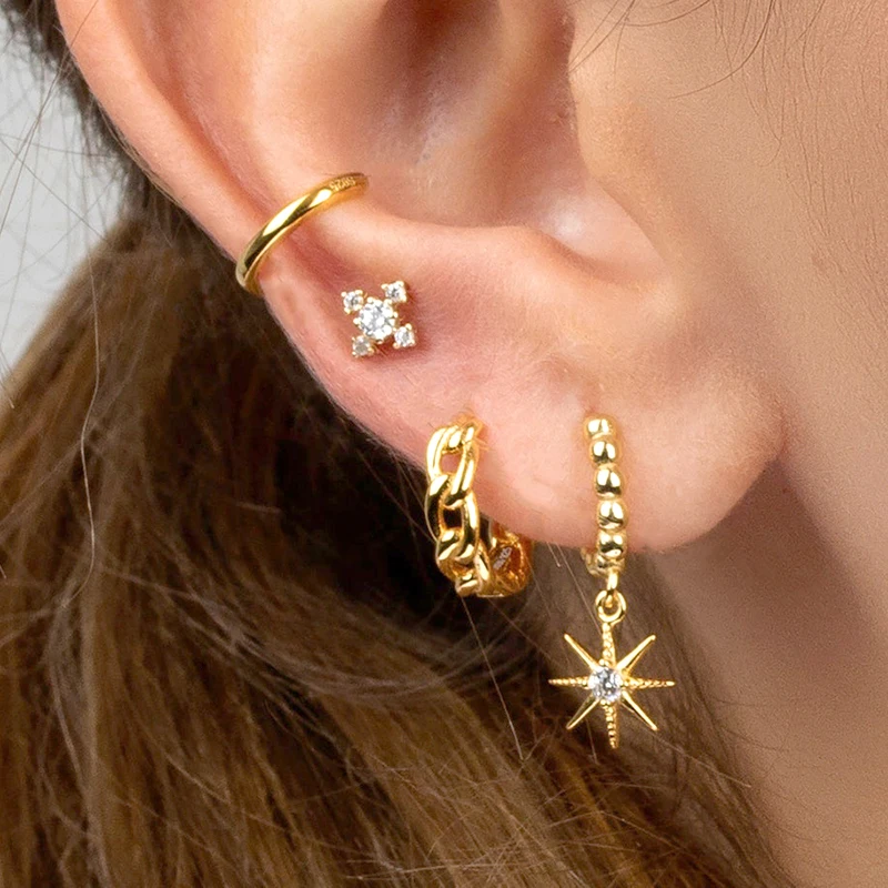 Minimalist CZ Cartilage Perforation 925 Sterling Silver Ear Needle Twist Round Earring Hoop Ear Buckle Gold Earrings For Women