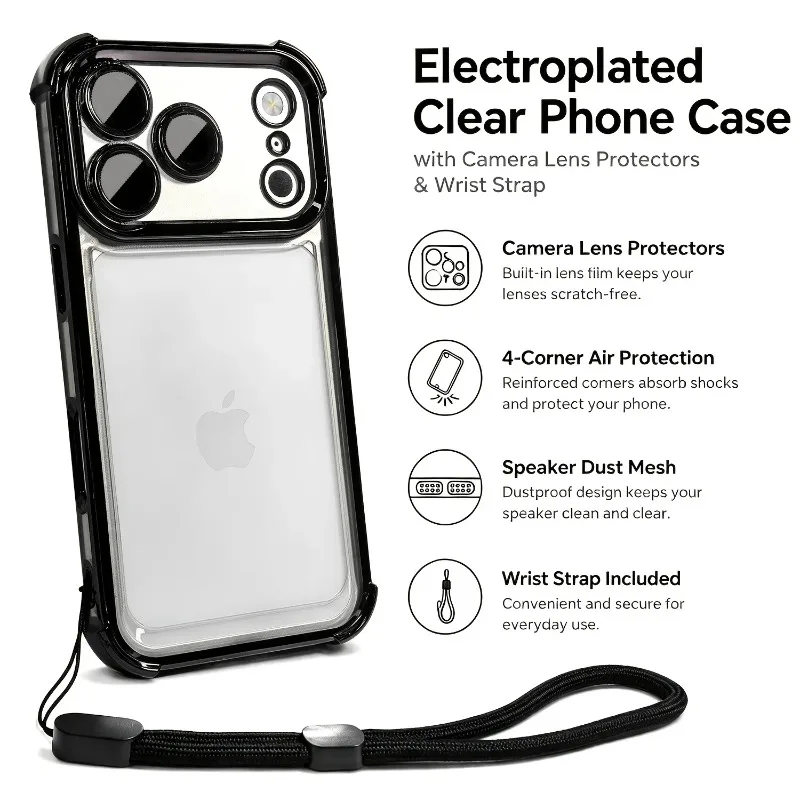 Luxury Transparent Shockproof Phone Case For iPhone 18 17 13 12 Pro Max 16 15 14 Plus Air with Wrist Strap Lens Protector Cover