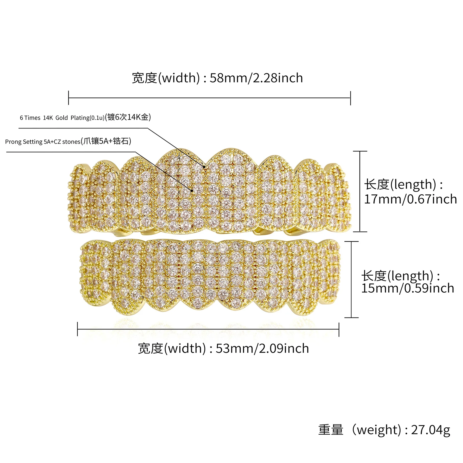 TOPGRILLZ Punk Iced Out Cubic Zircon Teeth Grills 8 Top & 8 Bottom Set Braces Full CZ Stones Dental Grills For Party Gift