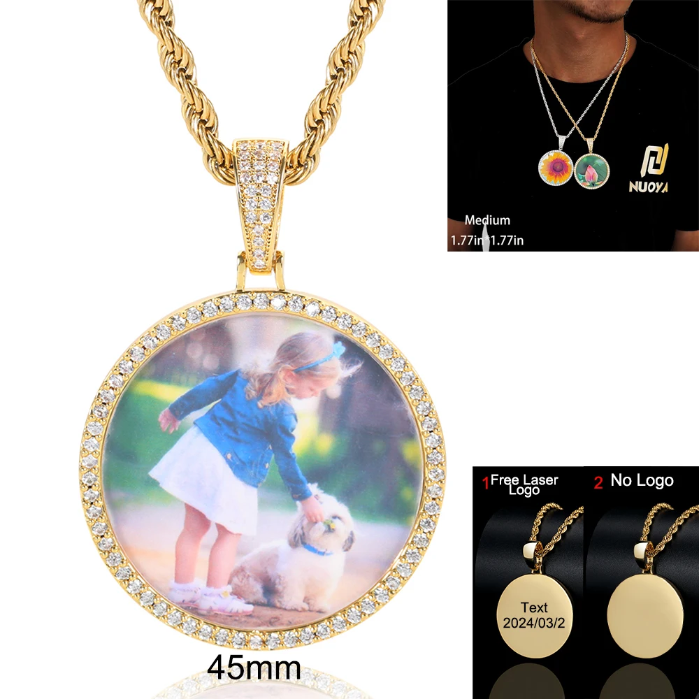 Customized Photo Necklace Men and Women Hip Hop Personalized Picture Pendant 45MM Medium Circle Charm Iced Out Free Custom Logo