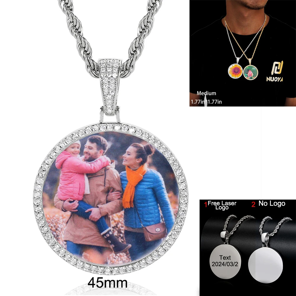 Customized Photo Necklace Men and Women Hip Hop Personalized Picture Pendant 45MM Medium Circle Charm Iced Out Free Custom Logo