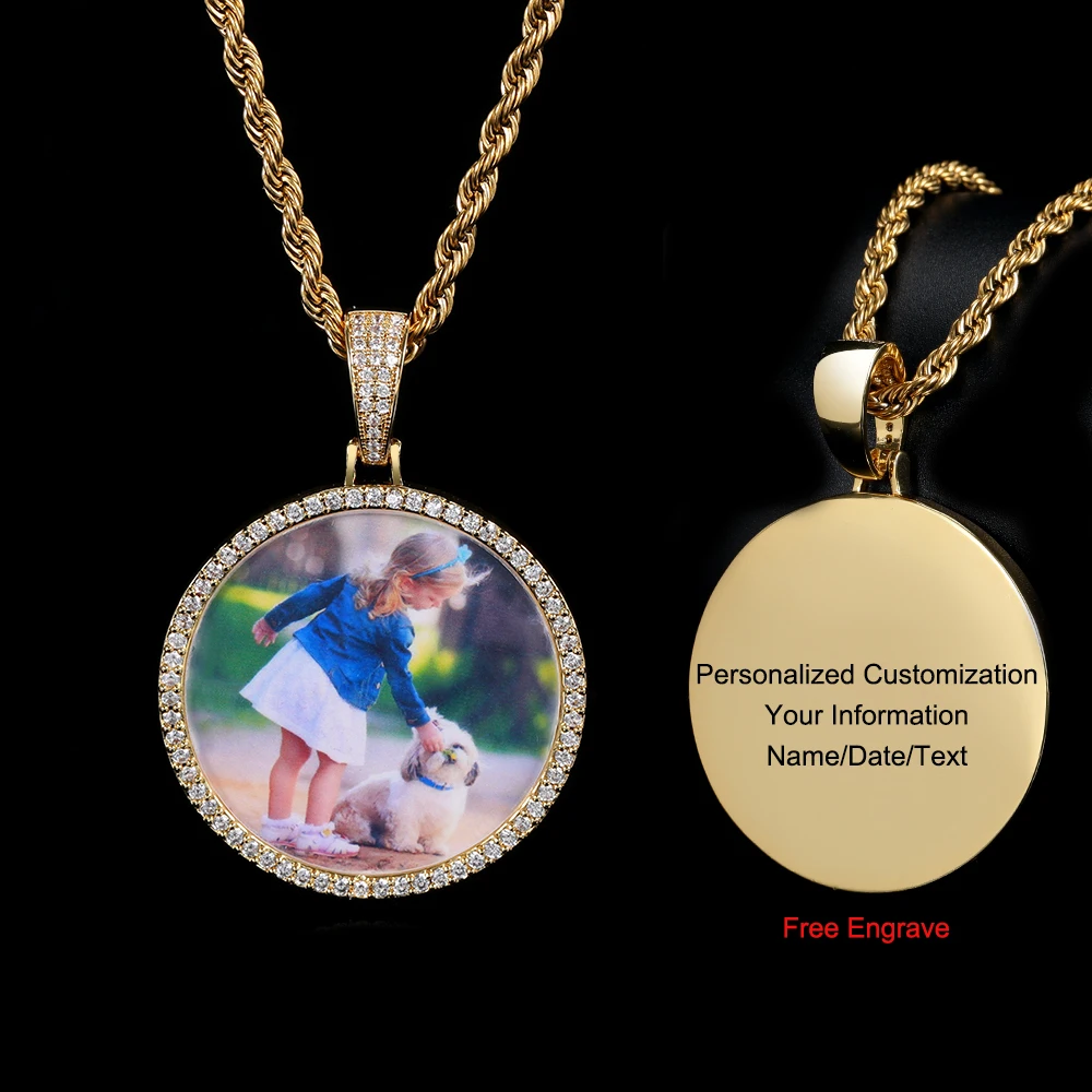 Customized Photo Necklace Men and Women Hip Hop Personalized Picture Pendant 45MM Medium Circle Charm Iced Out Free Custom Logo