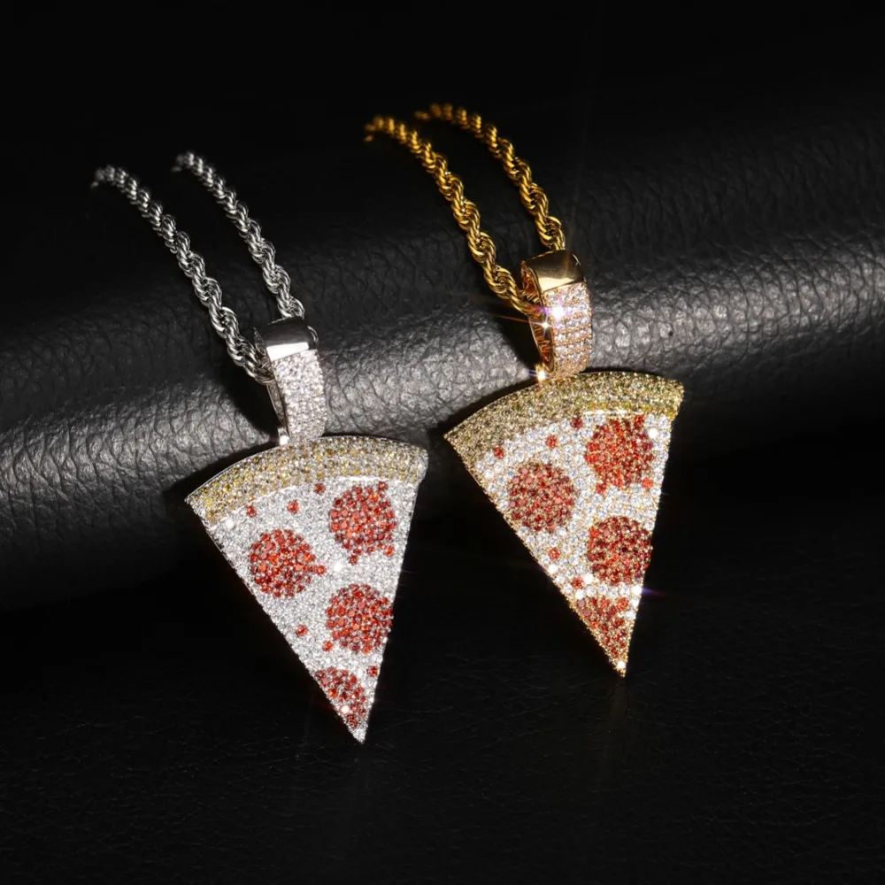 TOPGRILLZ Iced Out Pizza Pendant&Necklace Copper Gold Silver Color Micro Paved Cubic Zircon Hip Hop Jewelry Gift For Men